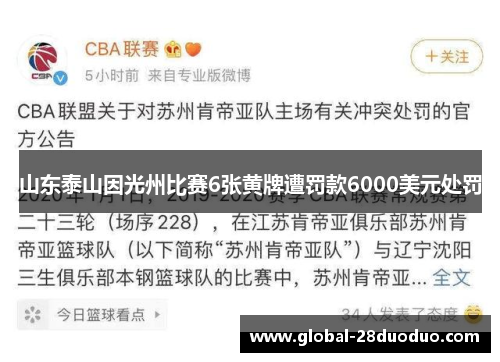 山东泰山因光州比赛6张黄牌遭罚款6000美元处罚